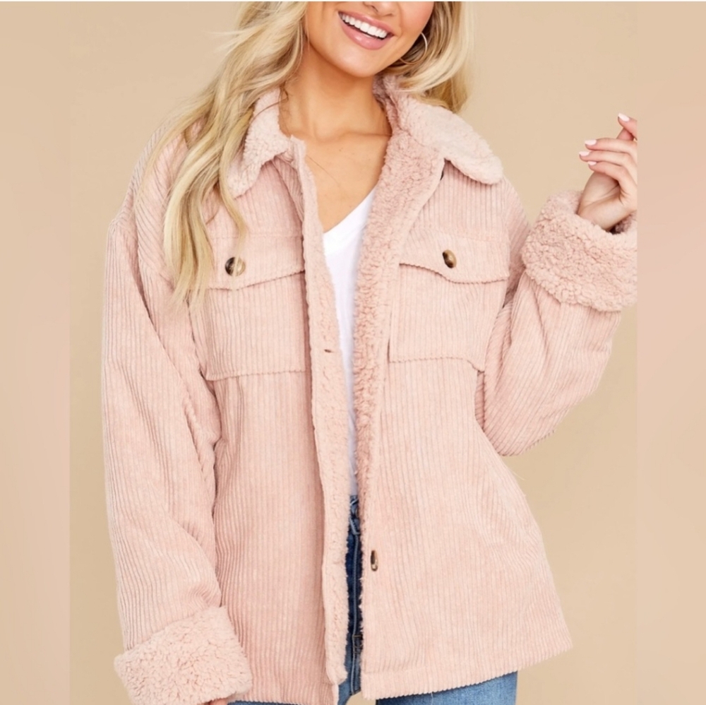 NWOT Aura Pink Corduroy Button Up Fuzzy Shacket